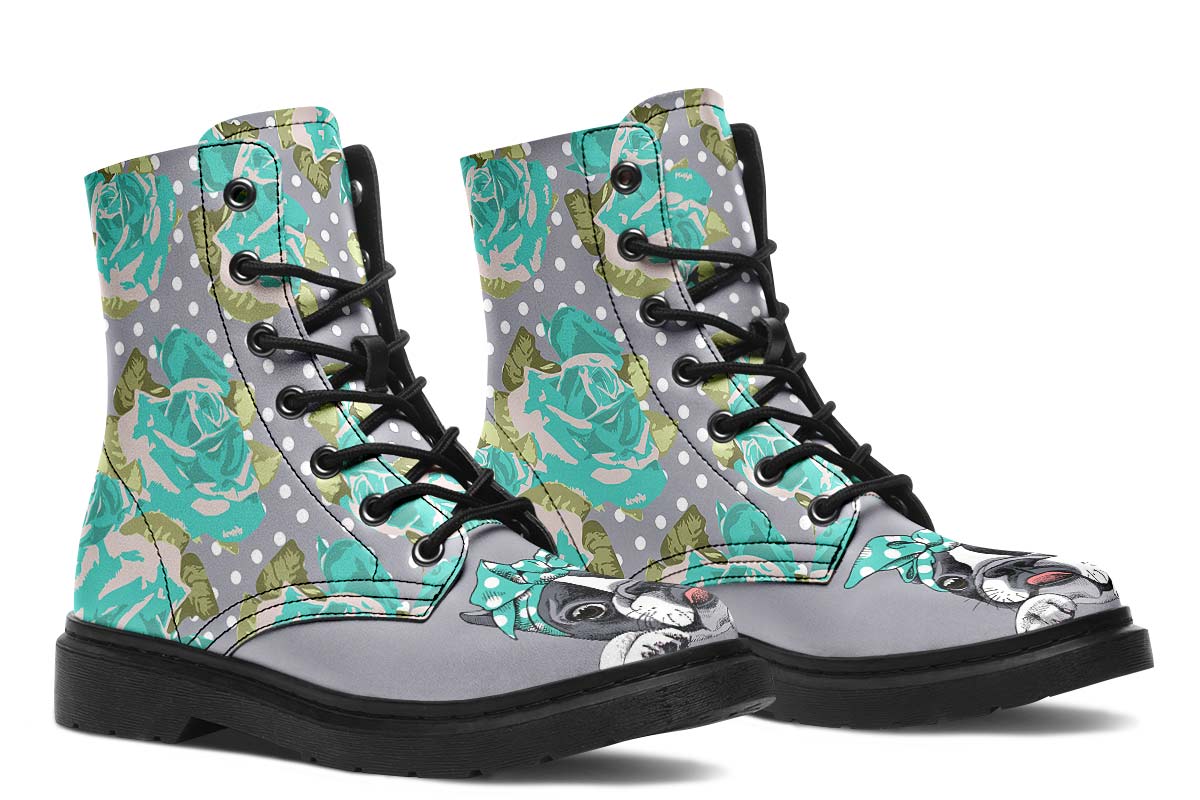 Floral Boston Terrier Turquoise Boots