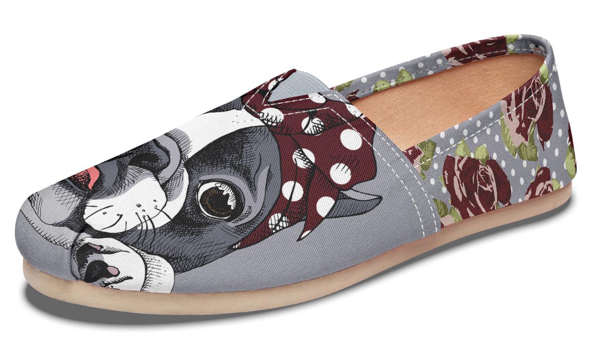 Floral Boston Terrier Dark Red Casual Shoes