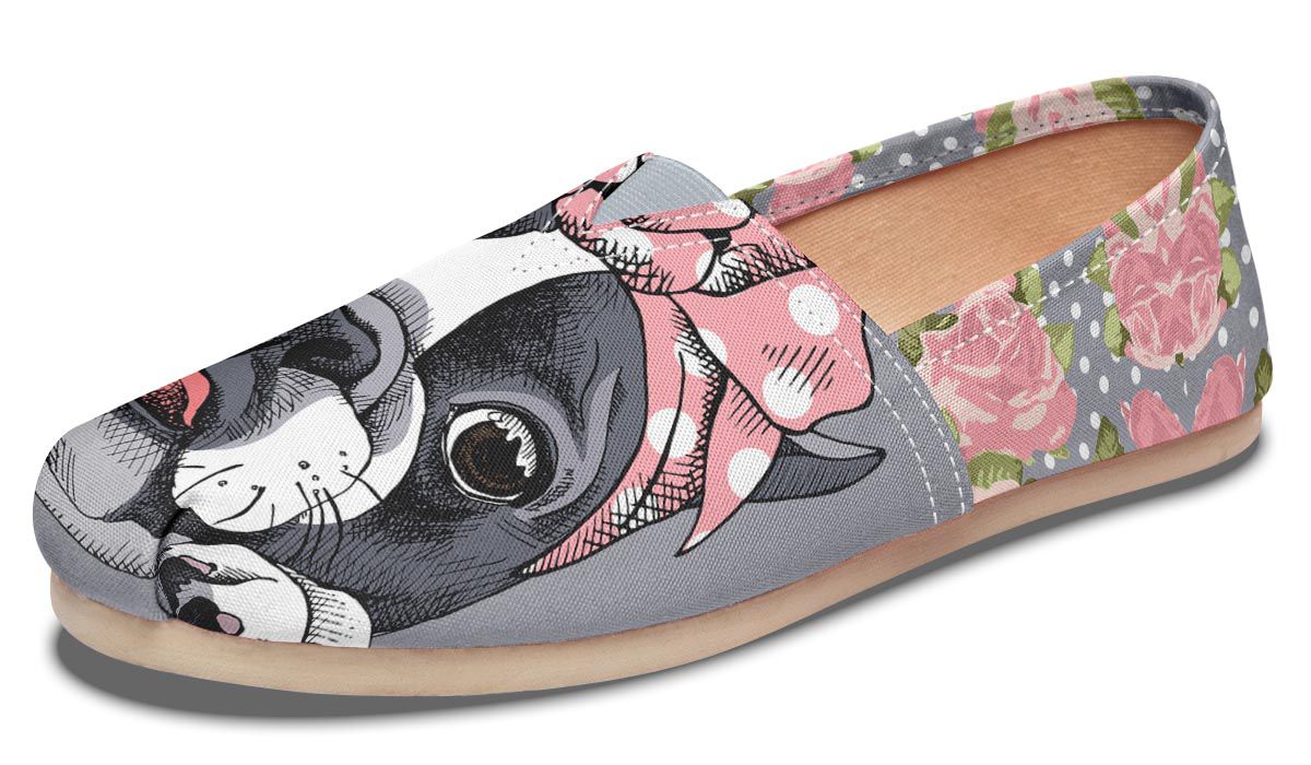 Floral Boston Terrier Pink Casual Shoes