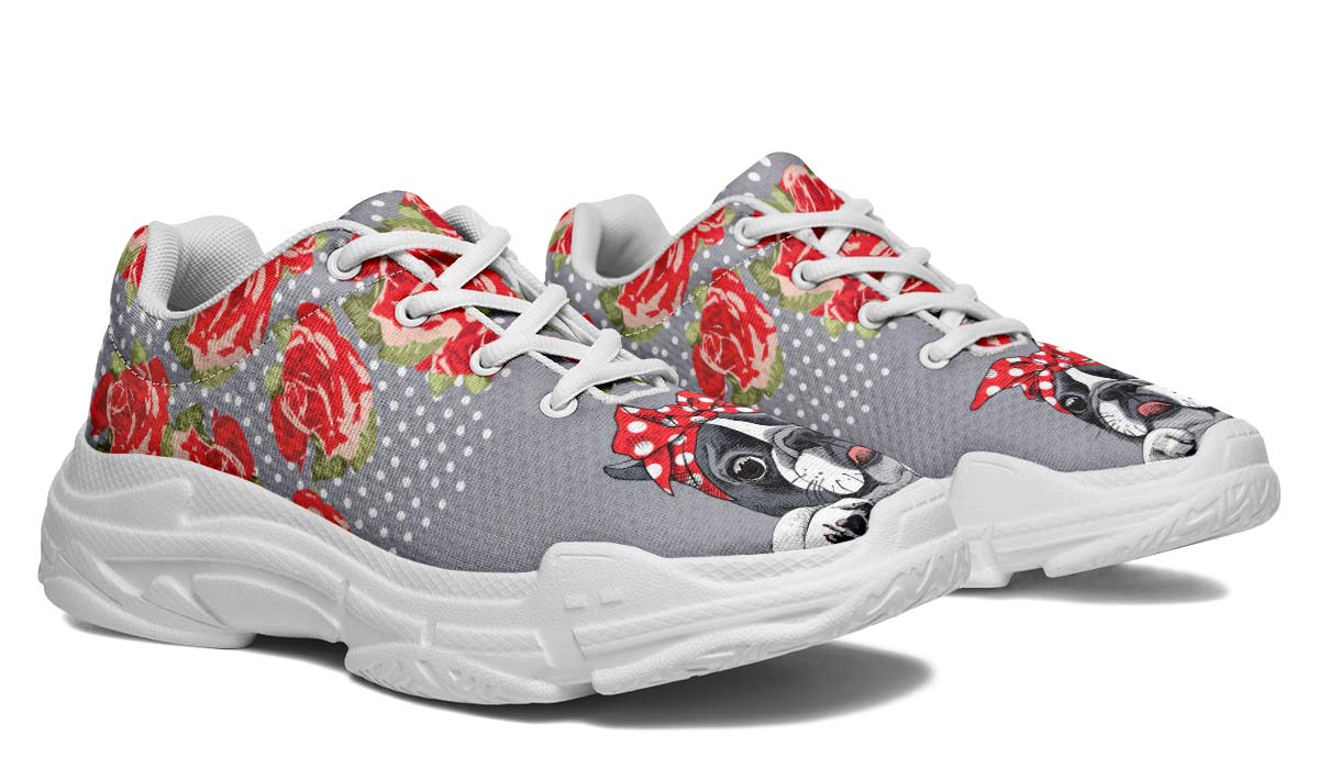 Floral Boston Terrier Red Chunky Sneakers