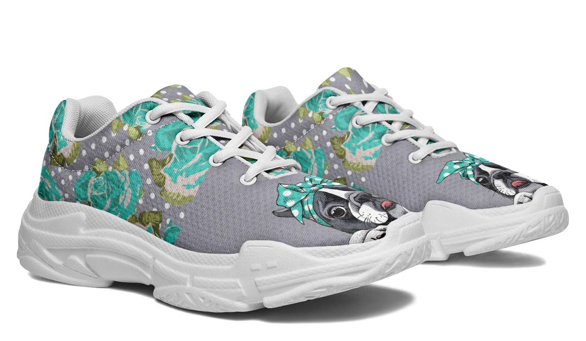 Floral Boston Terrier Turquoise Chunky Sneakers
