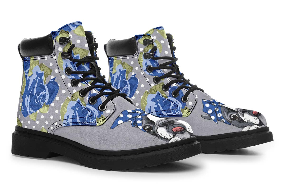 Floral Boston Terrier Blue Classic Vibe Boots