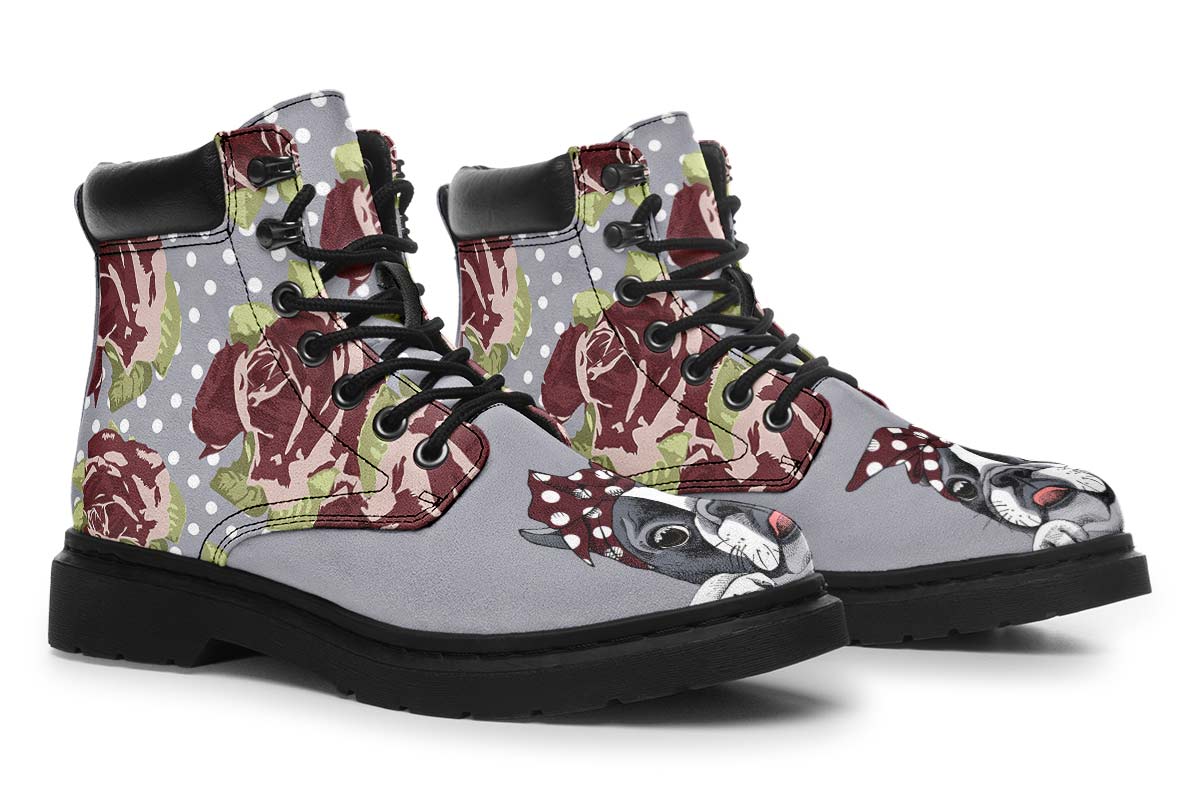 Floral Boston Terrier Dark Red Classic Vibe Boots