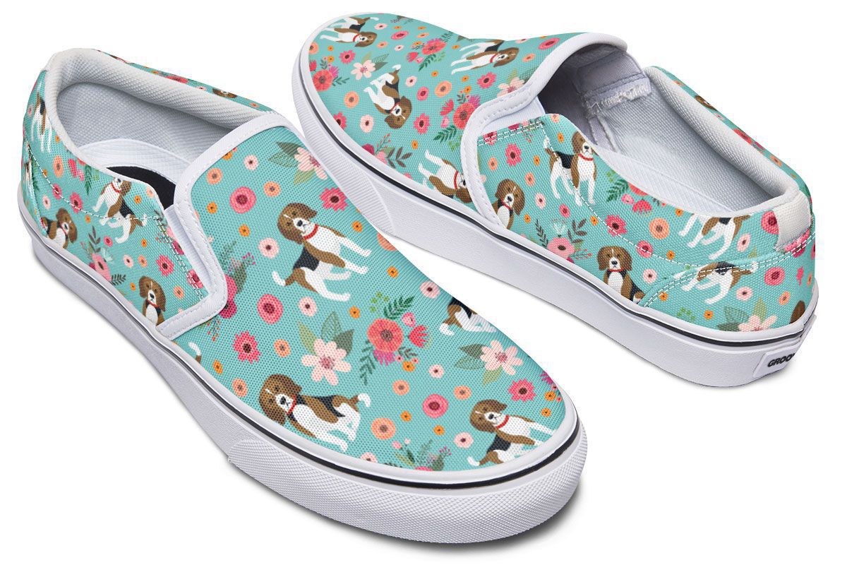Cute Beagle Flower Slip-On Shoes