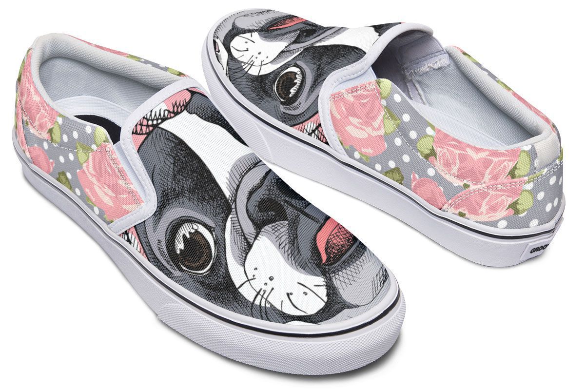 Floral Boston Terrier Pink Slip-On Shoes