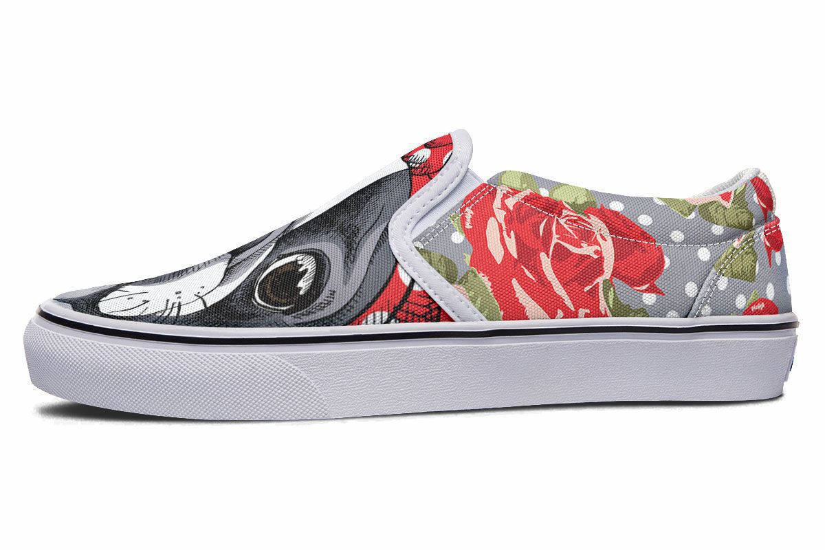 Floral Boston Terrier Red Slip-On Shoes
