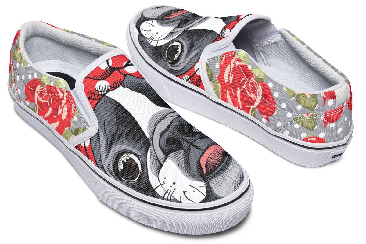 Floral Boston Terrier Red Slip-On Shoes