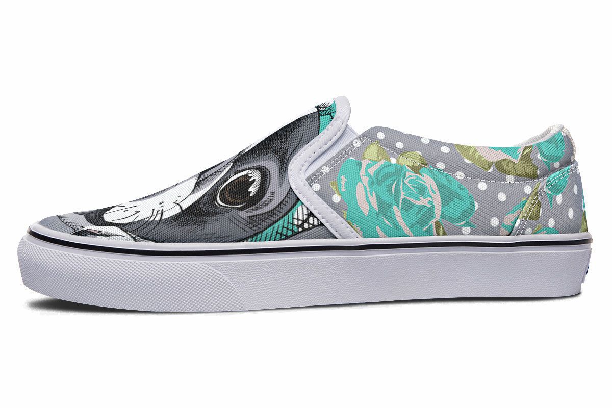 Floral Boston Terrier Turquoise Slip-On Shoes