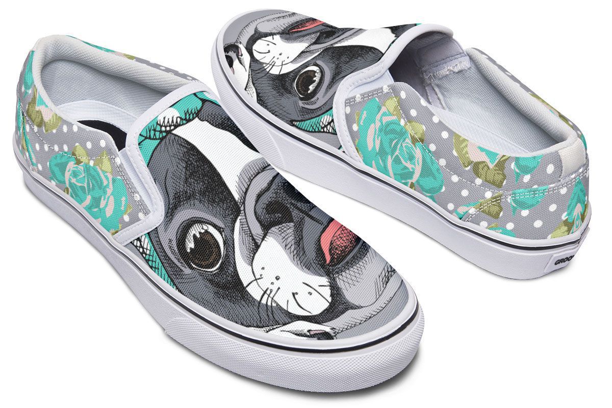 Floral Boston Terrier Turquoise Slip-On Shoes