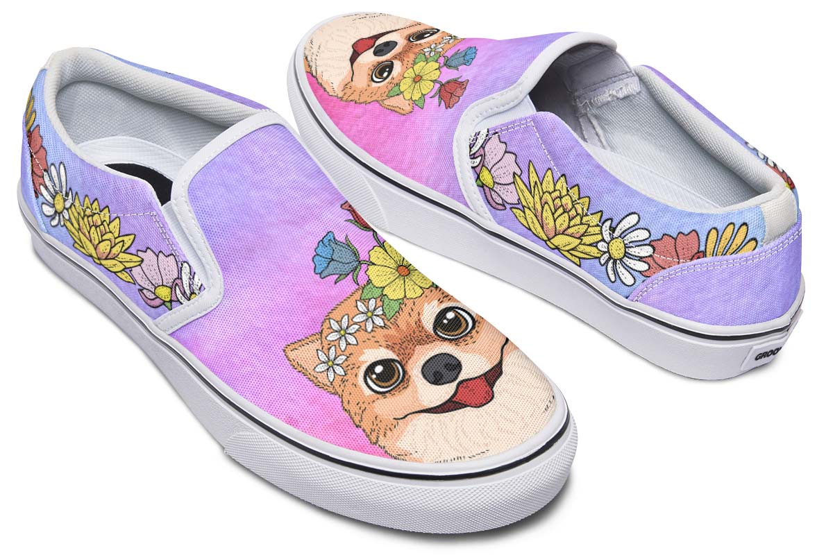 Fun Floral Pomeranian Slip-On Shoes