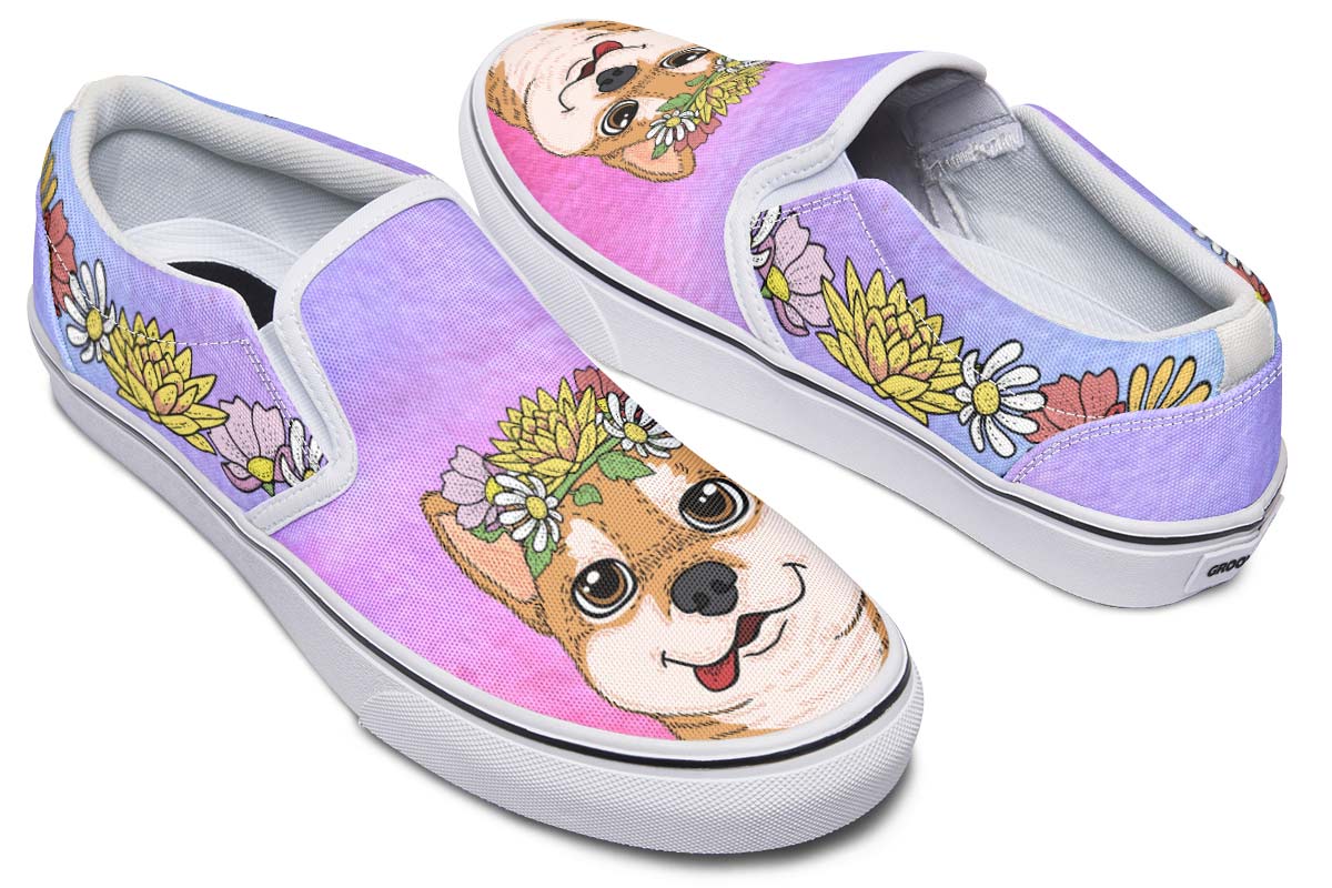 Fun Floral Shiba Inu Slip-On Shoes