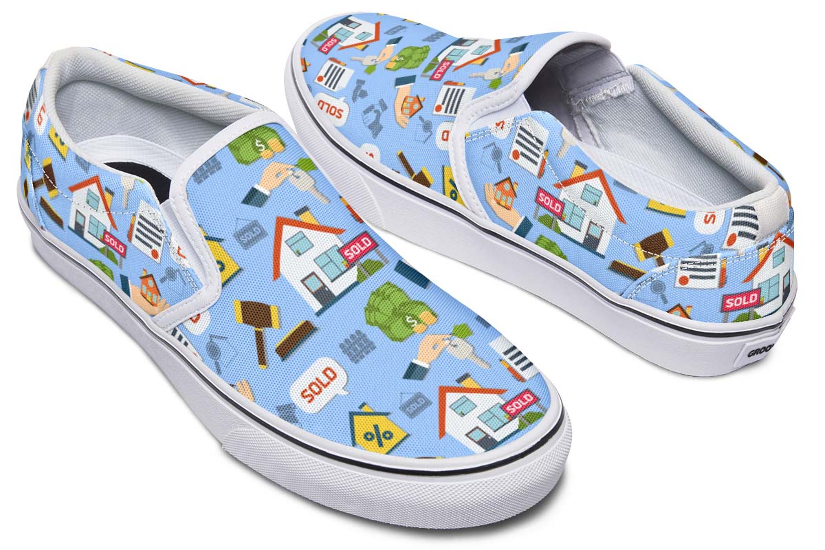 Real Estate Pattern Blue Slip-On Shoes