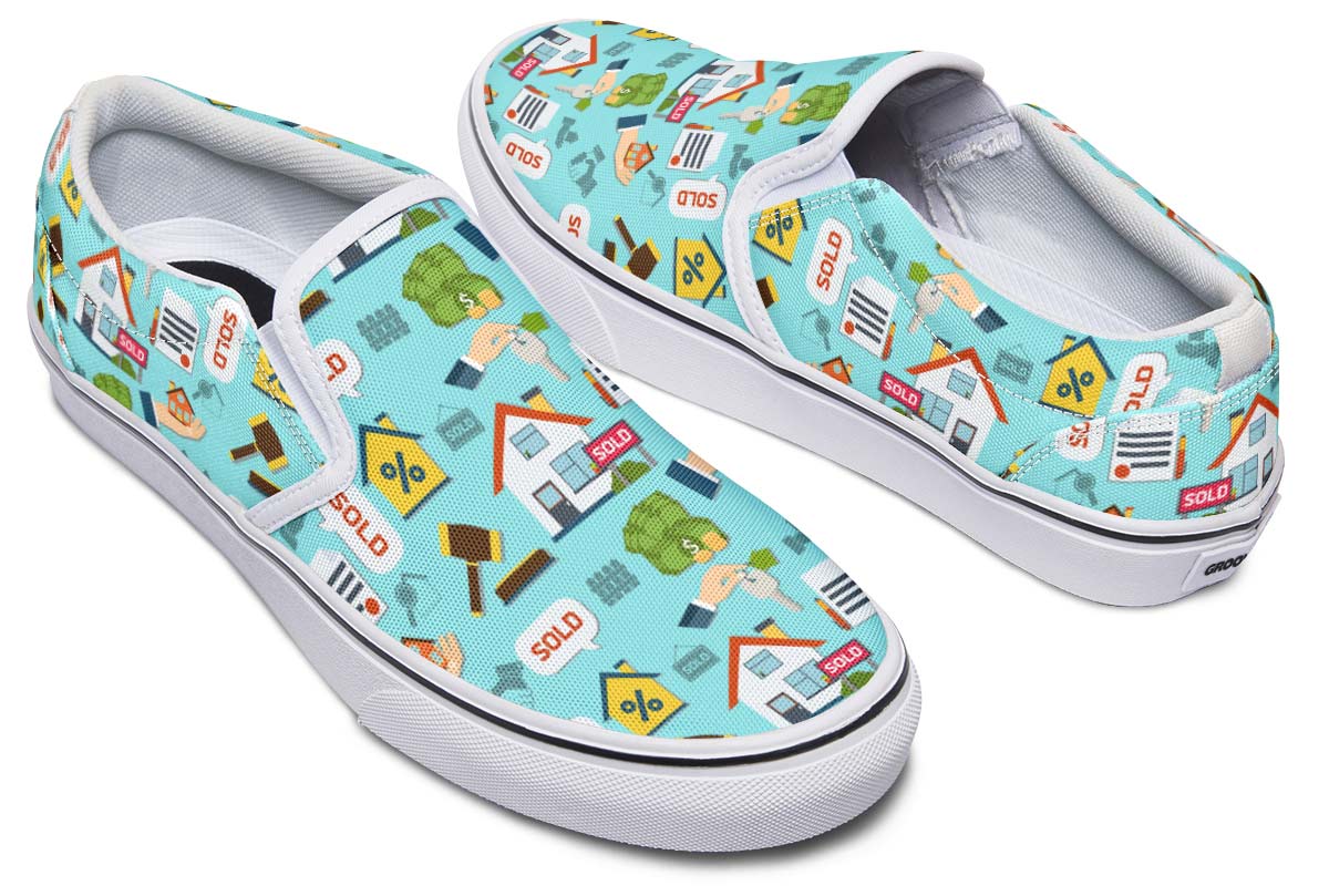 Real Estate Pattern Turquoise Slip-On Shoes
