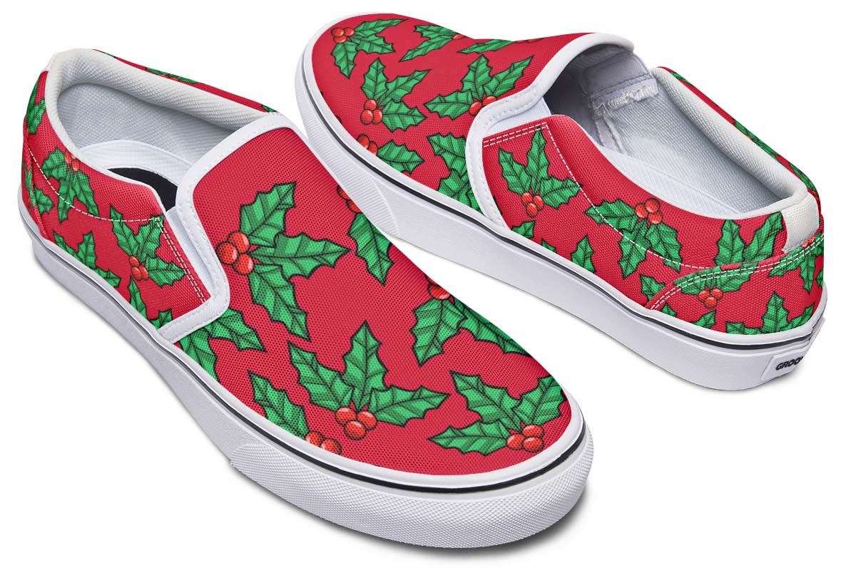Red And Green Mistletoe Slip-On Shoes