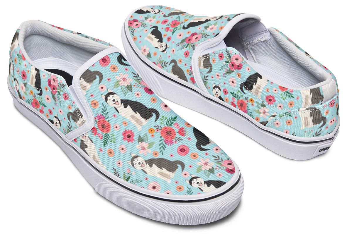 Siberian Husky Flower Slip-On Shoes