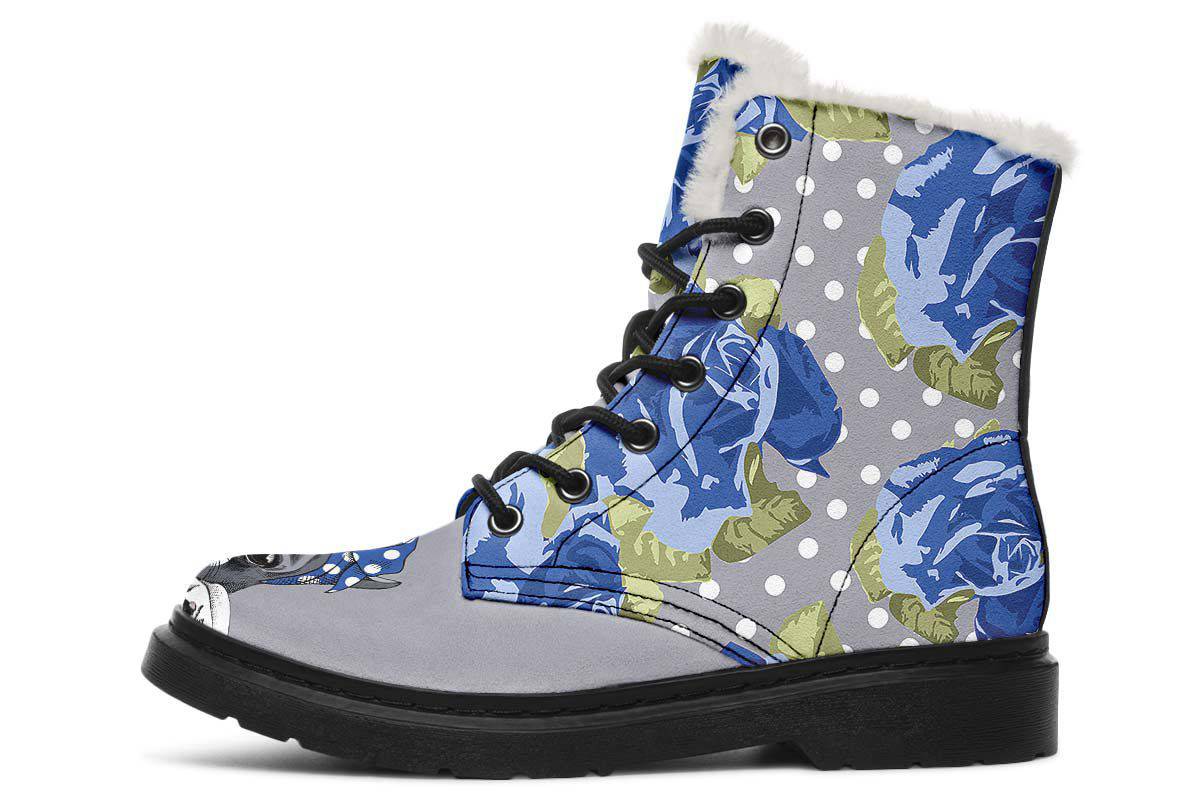 Floral Boston Terrier Blue Winter Boots
