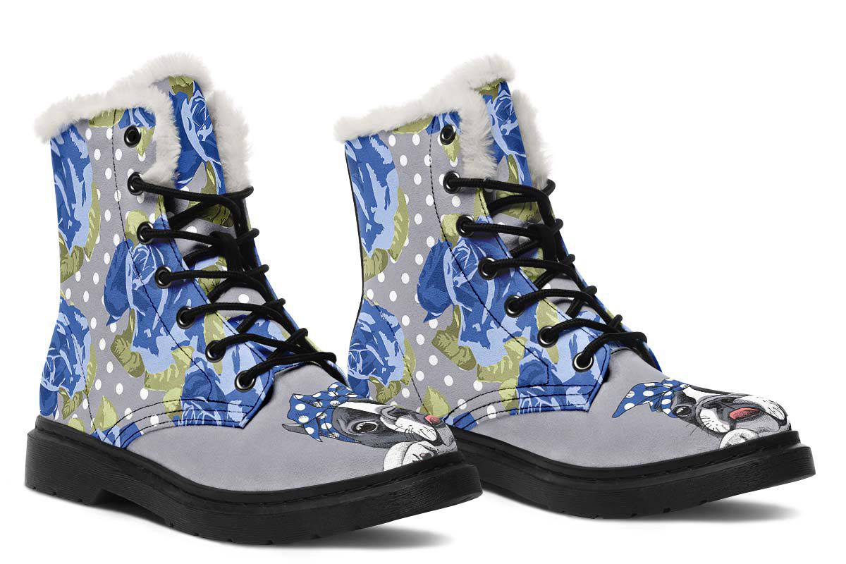 Floral Boston Terrier Blue Winter Boots