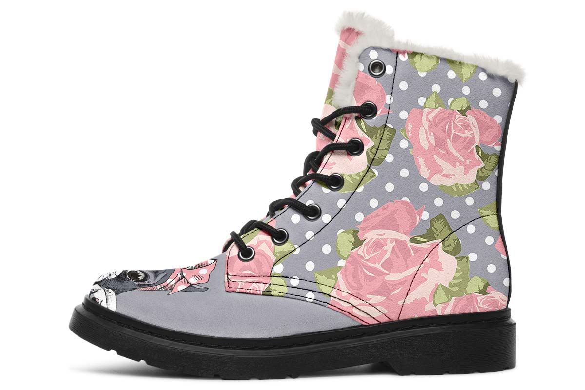 Floral Boston Terrier Pink Winter Boots