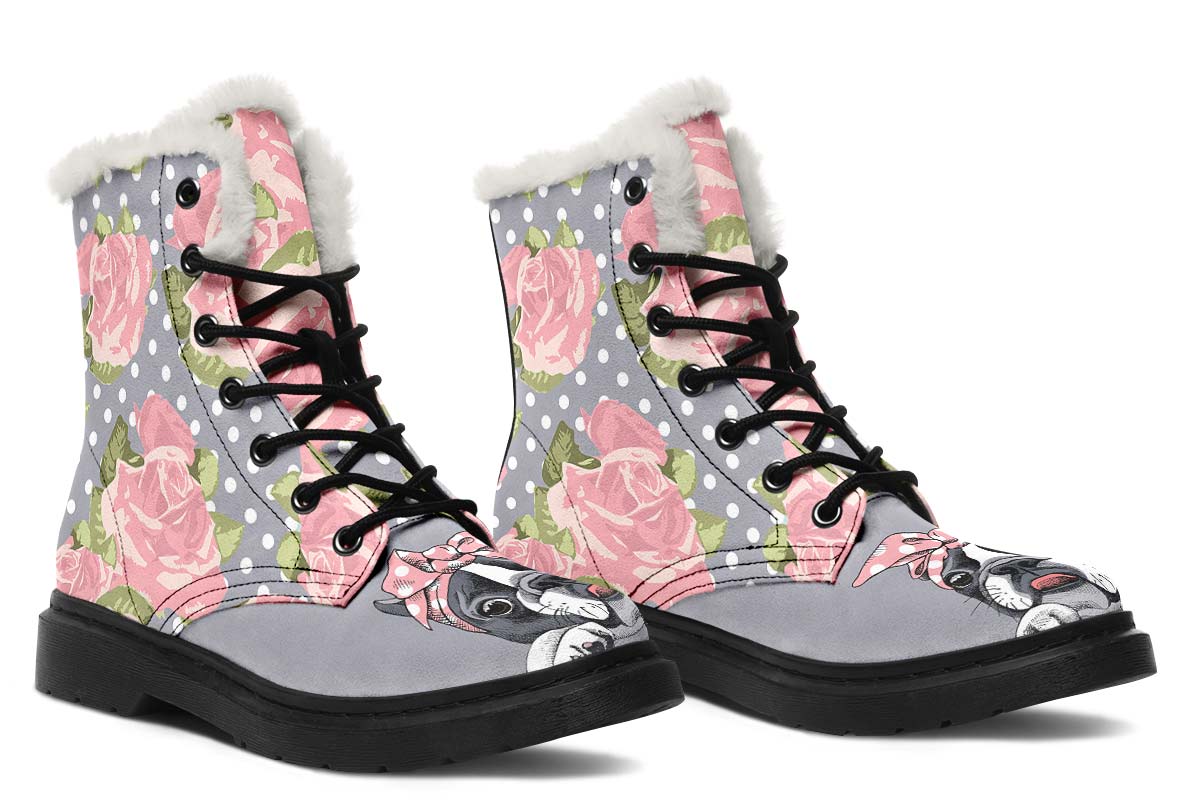 Floral Boston Terrier Pink Winter Boots