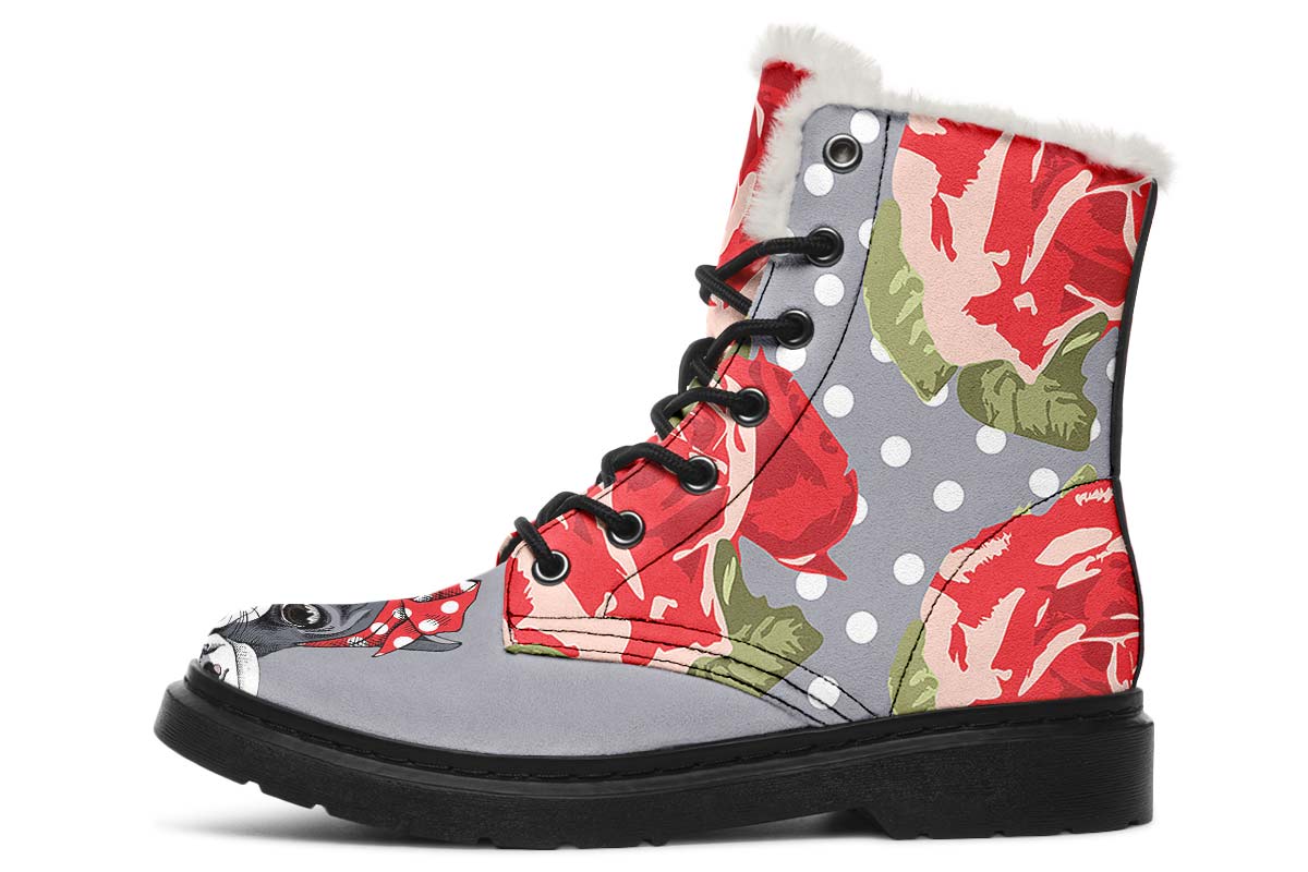 Floral Boston Terrier Red Winter Boots