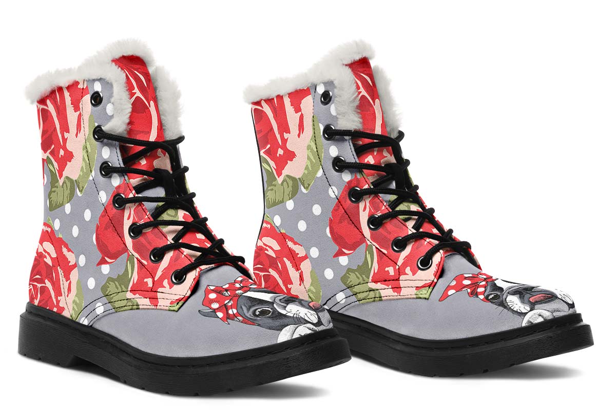 Floral Boston Terrier Red Winter Boots