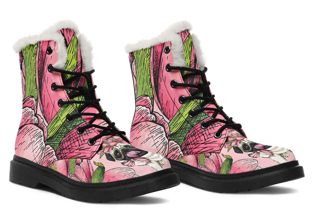 Goofy Floral Pug Winter Boots