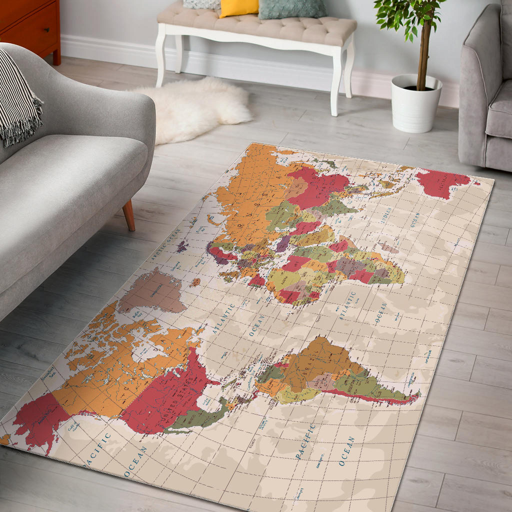 Tan World Map Area Rug