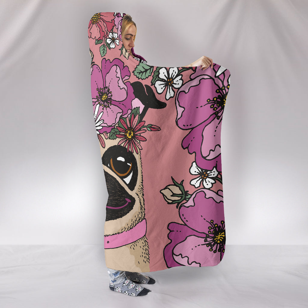 Floral Pug Hooded Blanket