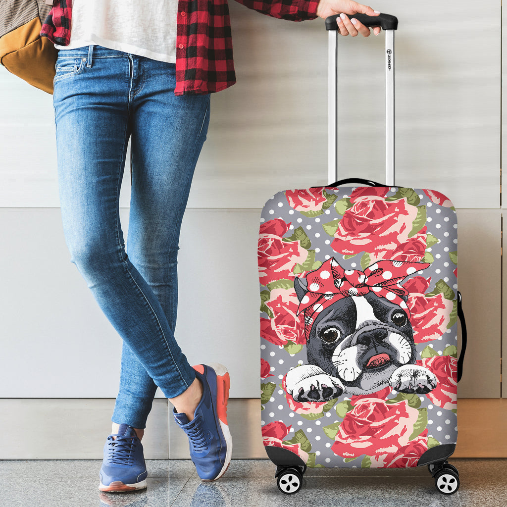 Floral Boston Terrier Luggage Cover